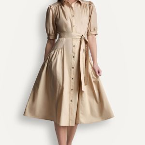 COTTON-BLEND DROP-WAIST MIDI SHIRT DRESS