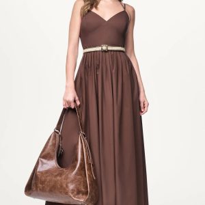 STRAPPY V-NECK MAXI DRESS WITH RAFFIA BELT