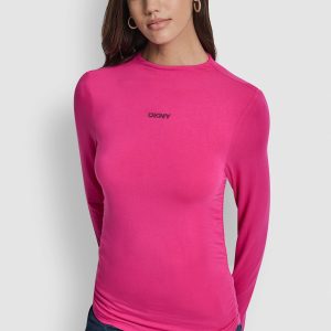 SIDE RUCHED HIGH NECK LONG SLEEVE TOP WITH RHINESTONE