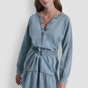BELTED DENIM V-NECK DRESS