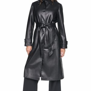 FAUX LEATHER BELTED LONG TRENCH