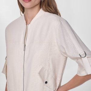 LINEN-BLEND ROLL-TAB SLEEVE BOMBER JACKET