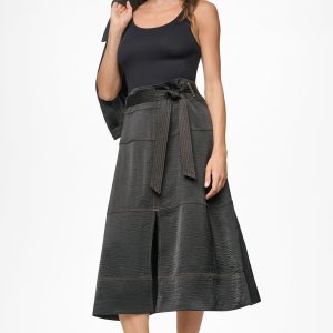 TIE WAIST CONTRAST STITCH MIDI SKIRT