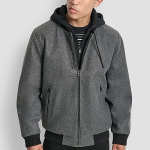FAUX WOOL BOMBER WITH HOODED BIB
