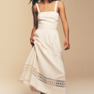 LINEN-BLEND LACE-TRIMMED MIDI DRESS